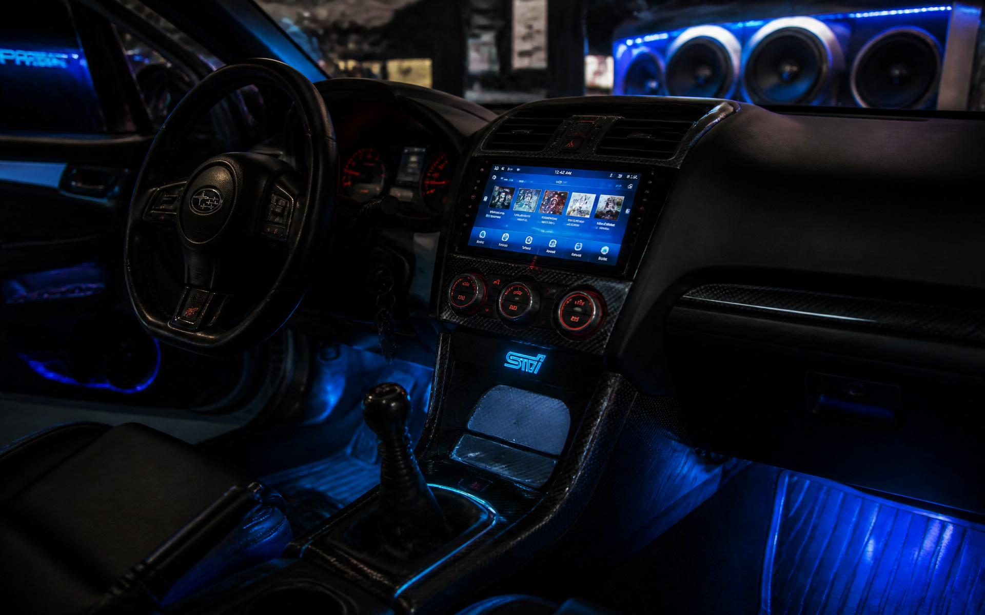 Custom car audio installation with blue neon interior lighting